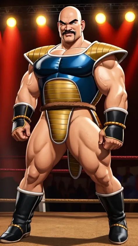 nappa, male focus, solo,cowboy shot, 1boy, bald, muscular male, abs ,black vambraces, veins, pectorals, thighs, black eyes, shoulder armor , knee armor , nipple , mustache, ( Nude ) , tail around waist, (best quality, masterpiece) , NSFW , BDSM , full body...