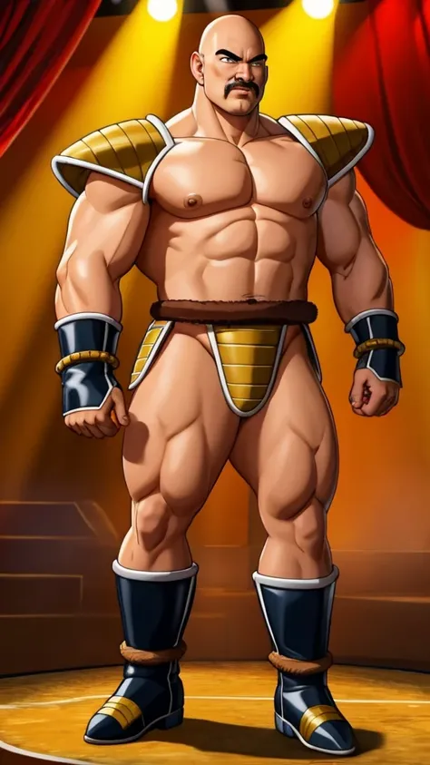 nappa, male focus, solo,cowboy shot, 1boy, bald, muscular male, abs ,black vambraces, veins, pectorals, thighs, black eyes, shoulder armor , knee armor , nipple , mustache, ( Nude ) , tail around waist, (best quality, masterpiece) , NSFW , BDSM , full body...