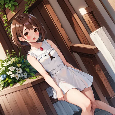 masterpiece, Highest quality, High resolution, Gloria1, 1 Girl, Gloria(Pokémon), Brown Hair, , Brown Eyes, , Short Hair, , Bobcut, bangs, , 　１Describe a girl carefully　１Girl　Expression in love　blush　Open Mouth　blush　church　Wedding dress（mini skirt）　