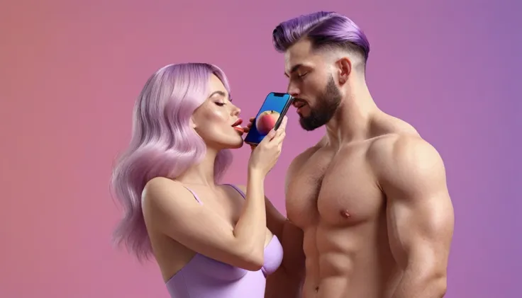 spotry naked musculin european man licking a peach in front of blond woman, he hold smartphone in his hand, we can see his face close, minimalistic, in a light purple and pink style, with soft edges and blurred details, in the toycore style, with a 3D rend...