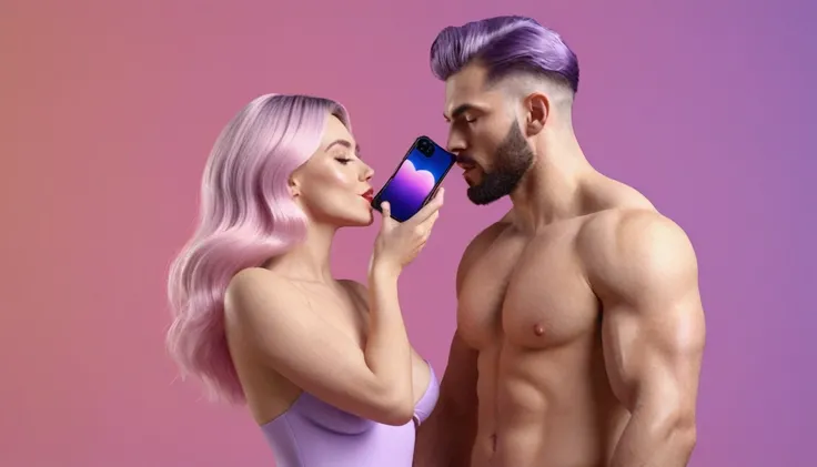 spotry naked musculin european man licking a peach in front of blond woman, he hold smartphone in his hand, we can see his face close, minimalistic, in a light purple and pink style, with soft edges and blurred details, in the toycore style, with a 3D rend...