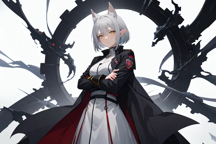 (safe:1.10), best quality, masterpiece, highres, solo, A video of a young adult girl with bob-cut grey hair, elven ears, and yellow eyes. Shes dressed in a white military coat with red accents and stands in a dark setting, casting powerful chaos magic. The...