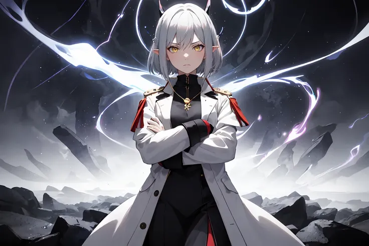 (safe:1.10), best quality, masterpiece, highres, solo, A video of a young adult girl with bob-cut grey hair, elven ears, and yellow eyes. Shes dressed in a white military coat with red accents and stands in a dark setting, casting powerful chaos magic. The...