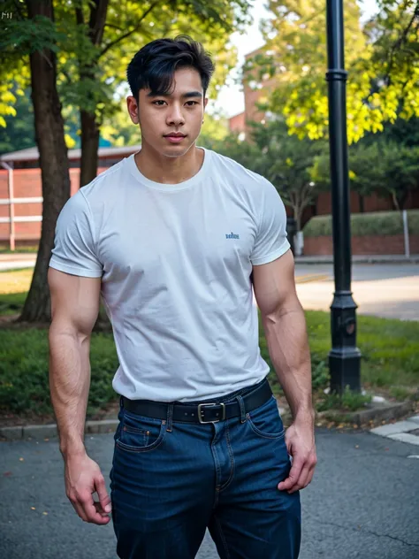 a young asian man, 20 years old, wearing a shirt and pants, dynamic movement pose, big pecs, (best quality,4k,8k,highres,masterp...