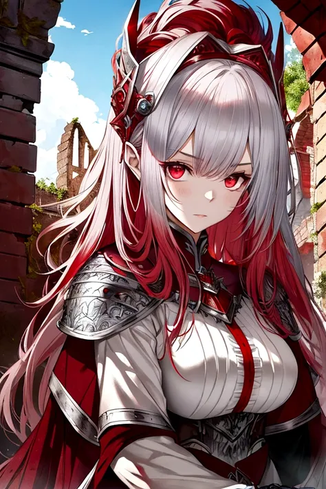 White skined young woman. Siren eyes.bright red eyes. Long curly hair. Maroon red hair color. Wearing silver armor and holding a sword. She has a fantasy-style silver accessory on her head, castle ruins background