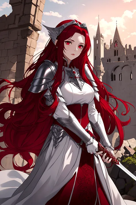 white skined young woman. siren eyes.bright red eyes. long curly hair. maroon red hair color. wearing silver armor and holding a...