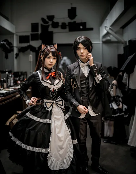  of a man and a woman dressed in costumes, anime cosplay, cosplay photo, cosplay, cosplay of a catboy! maid! dress, cosplayer, japanese gothic, both wearing victorian clothes, full-cosplay, anime convention, hot topic anime convention, victorian gothic lol...