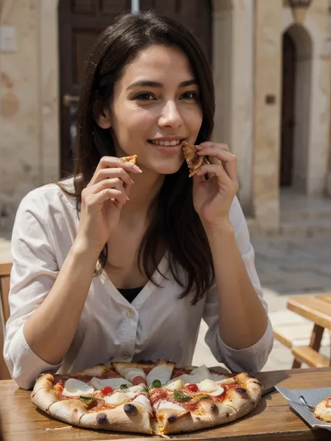 (sofiax, m0nic4, matera), a woman eating pizza, drahthaar