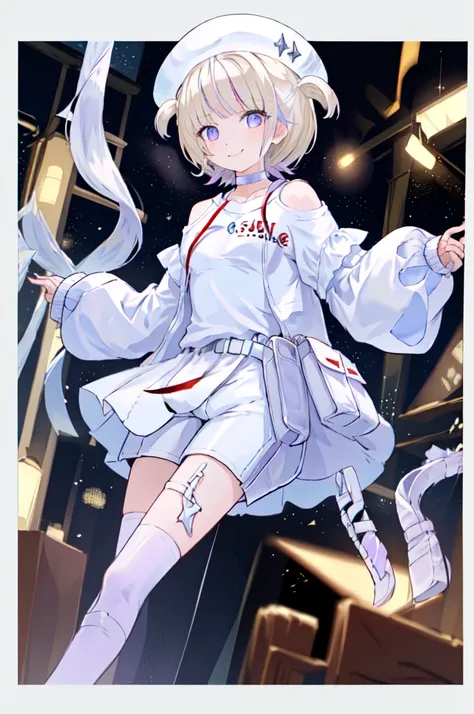 masterpiece, Highest quality, Absurd, HajimeBase, choker, White jacket, Long sleeve, White shirt, White shorts, smile, HajimeRegloss, white hat, white dress, shrug (clothing), shoulder cutout, pouch, single thighhigh