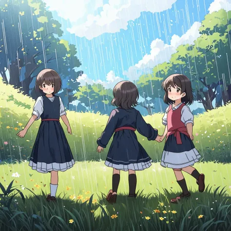 anime scene of three girls in a field with trees and flowers