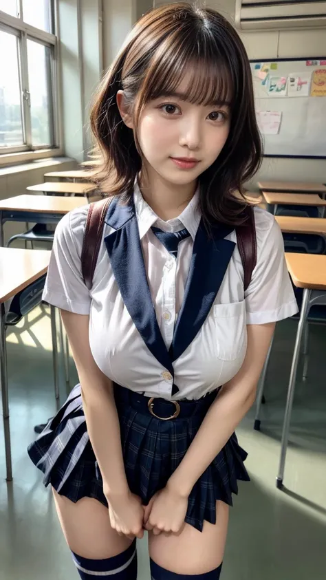 masterpiece, best quality, illustration, Super detailed, fine details, High resolution, 8K,wall paper, perfect dynamic composition,(Details High quality, realistic depiction of eyes:1.3), High School Classroom、High school girl uniform、blazer 、Super Short C...