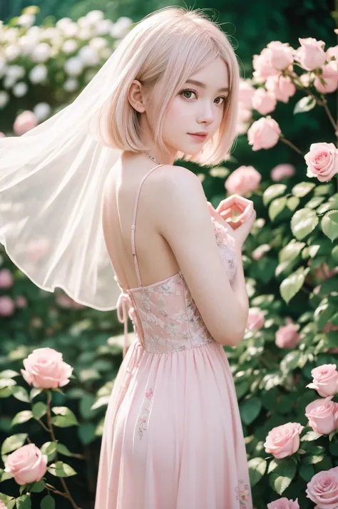 8K, RAW Photos, Fujifilm, Avril-like style photo of a beautiful young woman in a garden of pale pink roses (Highly detailed skin: 1.2) Style Petal Break Short Hair, Blonde and colored hair, Wearing a dress, Film Granulation, 35mm, Cute Style