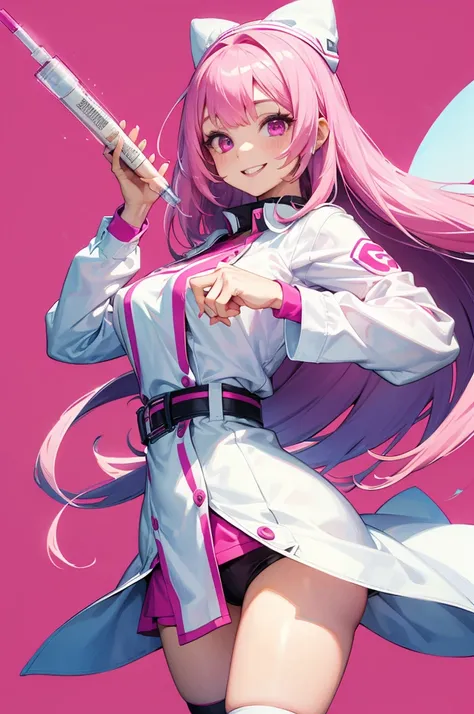 1girl、Dynamic composition、((Perspective Lens, A woman with long white and pink hair,  Dynamic pose with a cute smiling face, Holding a large, long syringe in both hands)) ((Pure Magenta Background:1.2)),Looks like she&#39;s in her early 20s,Shooting in mid...