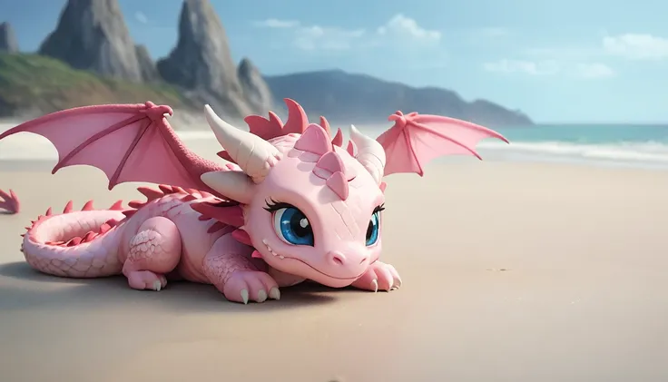 masterpiece,high quality,monster,solo,dragon ,(chibi:1.2),pink body,pink dragon,horns,wings,lying on the ground,injured,unhappy,...