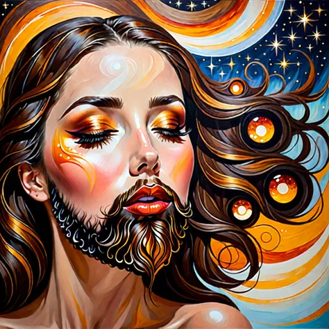 bearded bearded woman, brown hair, amber eyes, kisses the void with her mouth, eyes closed