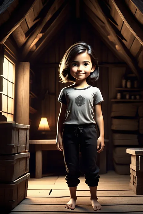 one girl standing alone in a wooden village, hair is short, wearing a t-shirt and black box pants, 
full body, looking at viewer...