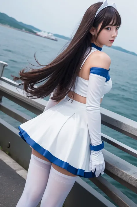 ((Highest quality)), ((masterpiece)), ((One girl)), alone, ferry, ((Long Hair)), ferryBase, ((Knee socks)), Bare shoulders, ((jewelry)), ((No sleeve)), White Dress, Blue Skirt, ((gloves)), Up to the thighs, From behind.