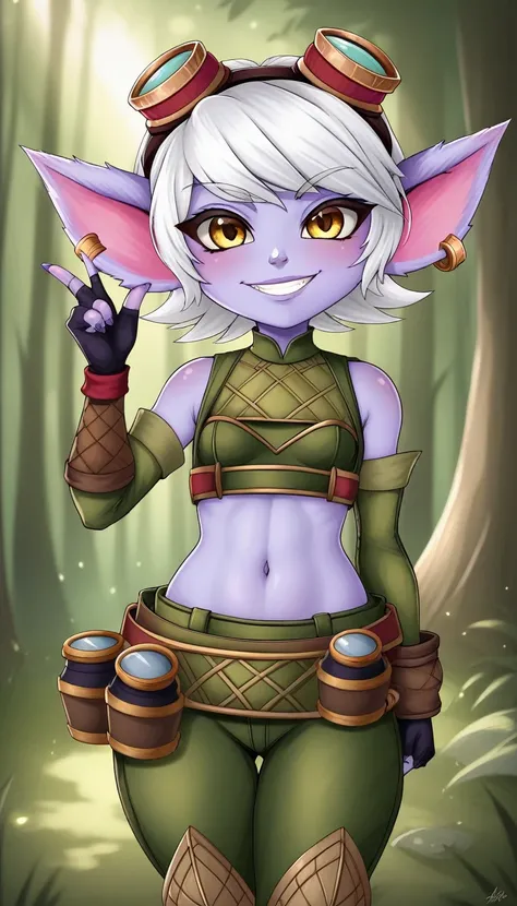 TristanaLoLXL, yordle, yellow eyes, pointy ears, white hair, short hair, earrings, googles on head, purple skin, colored skin. small breasts, green crop top, navel, arm sleeves, gloves, fingerless gloves, elbow gloves, green pants, belt, grenade belt, stan...