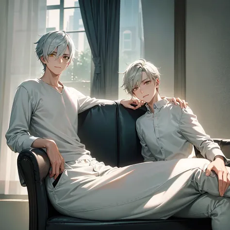 In a modern living room flooded with natural light from open curtains, a young man reclines lazily on a plush sofa. His distinctive features include white hair and piercing yellow eyes. He wears a pristine white shirt paired with comfortable jogging pants,...