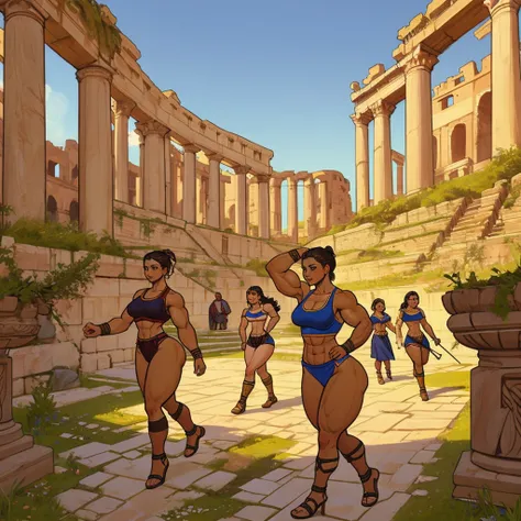 ancient rome, roman villa background, group of young girls, female gladiators, young, teens, muscular, athletic, buff, attractive, curvy, powerful, varied ethnicities, incase, painterly style, 