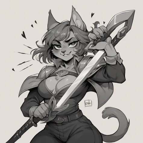 A strong and majestic female warrior cat in black and white carrying a sword I want her to be very charming, attractive, and irresistibly beautiful with Meow of Truth written in bold script on her feminine chest.You want it in the form of a personal photo