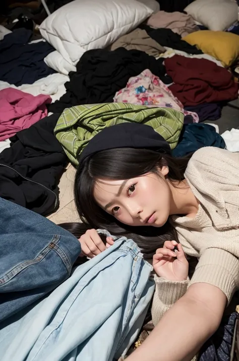 A Japanese model woman is buried under a pile of used clothes.、The head is slightly visible