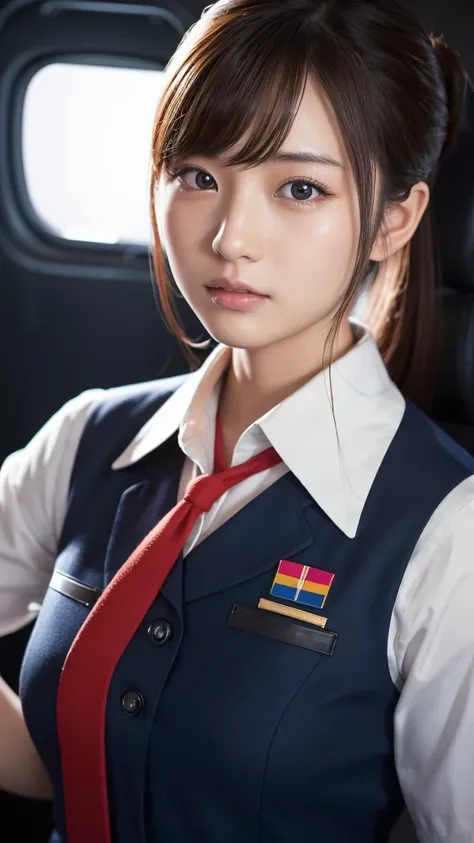 A beautiful young Japanese woman, around 20 years old, wearing a stewardess uniform, ultra-detailed, 8K resolution, highly realistic, cinematic lighting, best quality, masterpiece, photorealistic, physically-based rendering, extremely detailed, vivid color...