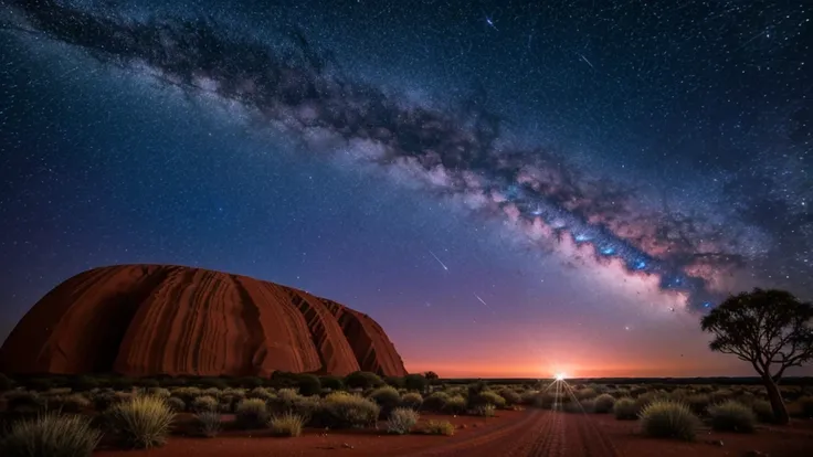 wonderfull stary pink sky with a huge comet in uluru 