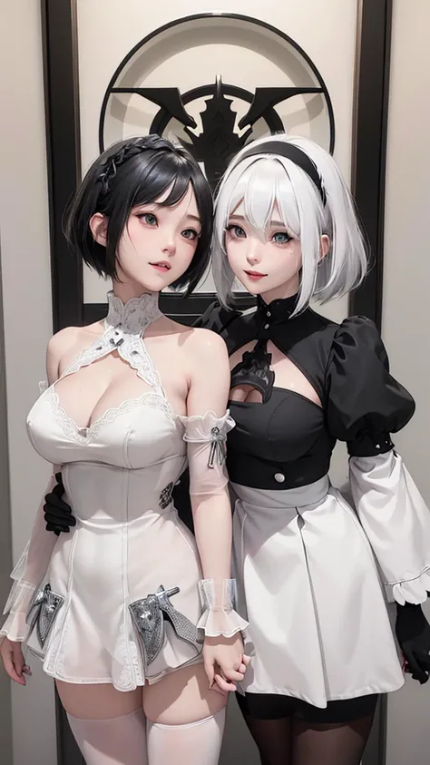 ((High quality)),masutepiece,(Detailed depiction of local details:1.2),1girl in,blue eyes,Plump breasts,Enchanted Valley,Closed mouth,Eyelashes,Portrait,solo,White hair,black theme,Short hair,Silver hair,yorha no. 2 Type B,(((White hair and black hair)))、F...