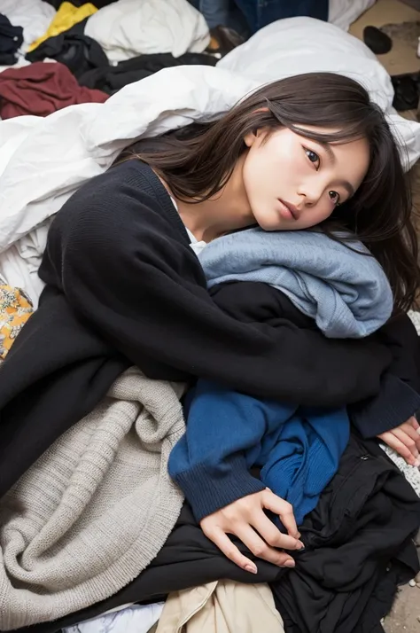 A Japanese model woman is buried under a pile of used clothes.、The head is slightly visible