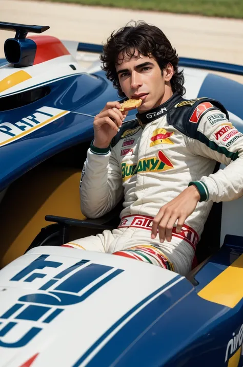 Image of the Brazilian f1 race pilot ayrton senna eating a hamburger in a realistic style 