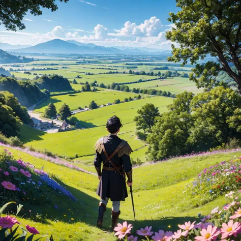 In a meadow stands black hair boy with medieval adventurer outfit
BREAK
Behind him, a flower field stretches out and beyond that, elf kingdom in the distance.