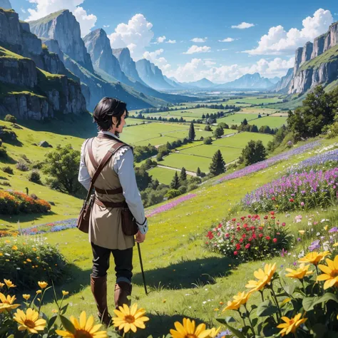 In a meadow stands black hair boy with medieval adventurer outfit
BREAK
Behind him, a flower field stretches out and beyond that, elf kingdom in the distance.