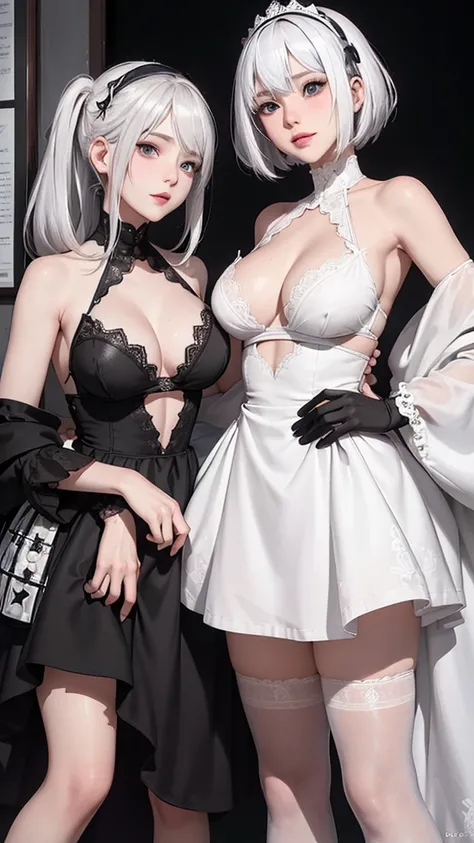 ((High quality)),masutepiece,(Detailed depiction of local details:1.2),1girl in,blue eyes,Plump breasts,Enchanted Valley,Closed mouth,Eyelashes,Portrait,solo,White hair,black theme,Short hair,Silver hair,yorha no. 2 Type B,(((White hair and black hair)))、F...