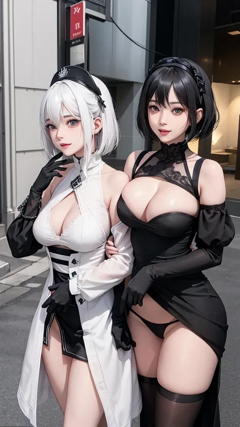 ((High quality)),masutepiece,(Detailed depiction of local details:1.2),1girl in,blue eyes,Plump breasts,Enchanted Valley,Closed mouth,Eyelashes,Portrait,solo,White hair,black theme,Short hair,Silver hair,yorha no. 2 Type B,(((White hair and black hair)))、F...