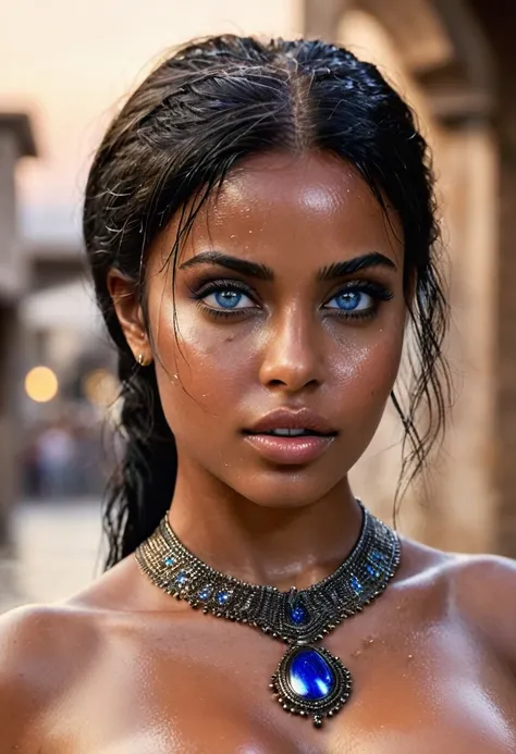 (muste piece, highest quality)((8k)),full body,black hair,black skin ,super detailed,arab girl ,blue eyes ,photorealistic,dark bronze shiny skin,sweaty skin ,wet skin,beautiful female mode,Black woman in goldclothes from biblical times, blue eyes, in dubai...