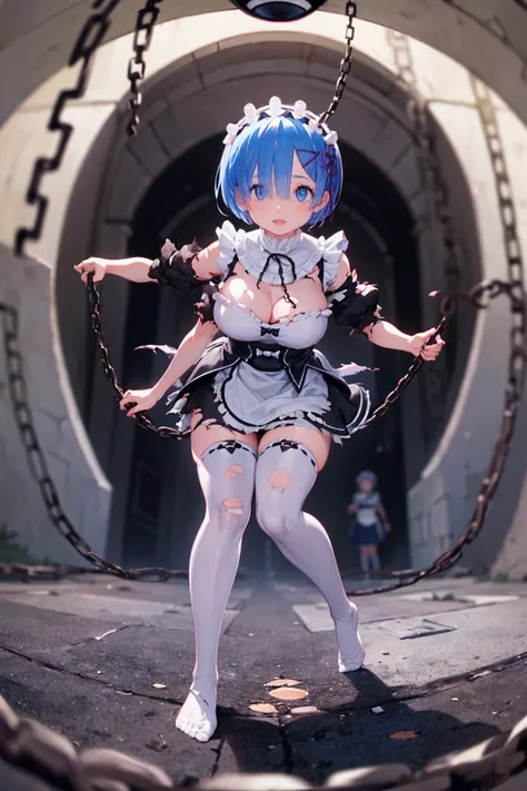 Plump、Show your pants、Fighting Pose、Weapons Morningstar、((Underground Prison))、((The floor beneath my feet is crumbling))、((((Rem in chains)))),(((((Fisheye Lens)))))、((Super huge breasts))、(((Plump thighs)))、(((Rem from Re:Zero)))、looking at the camera、Hi...