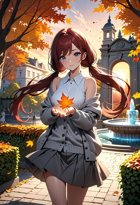 masterpiece, best quality, 1 young woman, beautiful, autumn, fall, leafs, sunset, particles,magic, cozy, hand out, falling leaves, tree, dark red hair in low twin tails, swept bangs, gray eyes, off shoulder gray knitted cardigan, sleeveless white collared ...