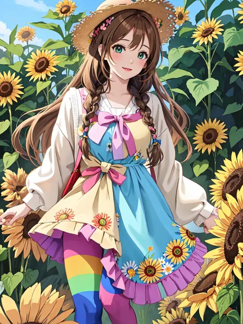 anime illustration in the style of cute, an elegant and beautiful girl with long brown hair in braids wears colorful striped tights under a straw hat decorated with flowers, she has green eyes and is wearing a rainbow colored sweater. the background depict...