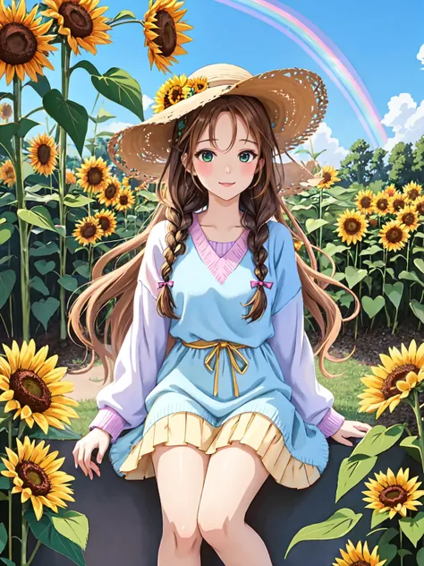 anime illustration in the style of cute, an elegant and beautiful girl with long brown hair in braids wears colorful striped tights under a straw hat decorated with flowers, she has green eyes and is wearing a rainbow colored sweater. the background depict...