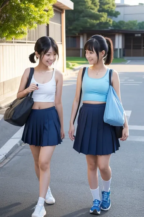 (Two 20-year-old Japanese elementary school girls), 110cm tall with small titsed, (Flat chest), wearing baby blue micro , baby blue micro mini tank tops (navel-baring), carrying school bags, and peeing on the way to school,
