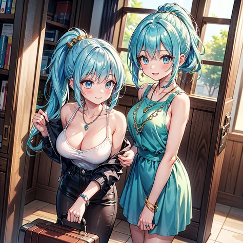 Anime Moe Art Style,Highest quality,High resolution,Anatomically correct,One Girl,Mid-teens,A girl with light blue hair in a ponytail,Super detailed,Fantasy World,Sleeveless blouse,mini skirt,Big Breasts,Shiny skin,Beautiful Skin,A rich expression,smile,A ...