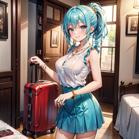 Anime Moe Art Style,Highest quality,High resolution,Anatomically correct,One Girl,Mid-teens,A girl with light blue hair in a ponytail,Super detailed,Fantasy World,Sleeveless blouse,mini skirt,Big Breasts,Shiny skin,Beautiful Skin,A rich expression,smile,A ...