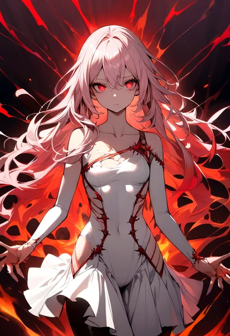 masterpiece, White glowing coral pink hair, long hair, glowing red eyes
Eyes, torn white shoulder strap dress, suspicious atmosphere, eerie,  small breasts, white skirt, thin body, Cool Beauty, red concentrated line background,  collarbone, red energy bull...