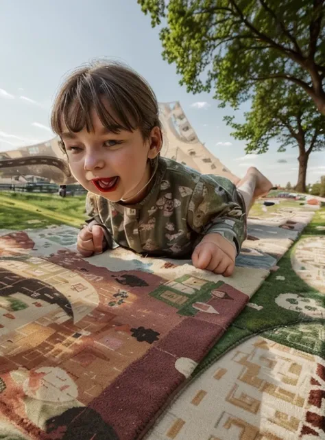 A  licks on a rug against the backdrop of a park in a clearing