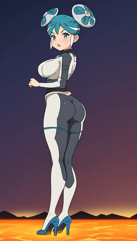 best quality,ultra detailed,solo,1girl,score_9, score_8_up, score_7_up, score_6_up, score_5_up, score_4_up, source_anime, maquia, two-tone hair, aqua hair, aqua eyes,white bodysuit,big breasts, standing sexy pose, (behind view,portrait),full body, standing...