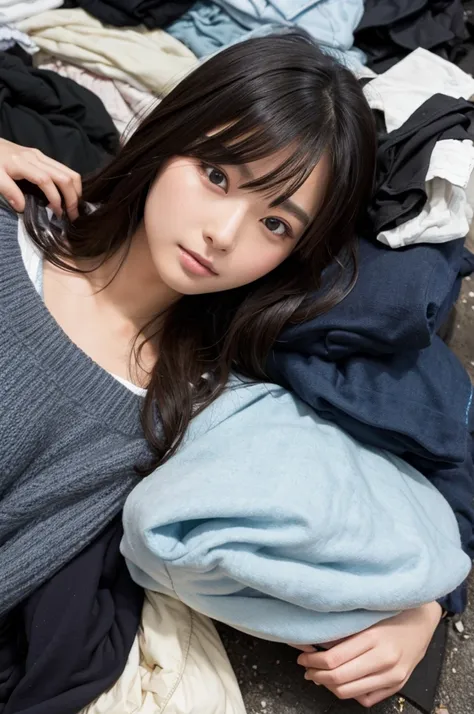 A Japanese model woman is buried under a pile of used clothes.、The head is slightly visible