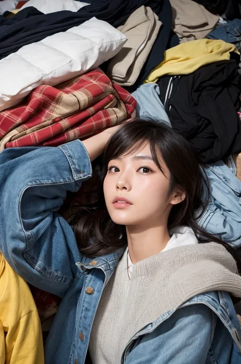 A Japanese model woman is buried under a pile of used clothes.、The head is slightly visible