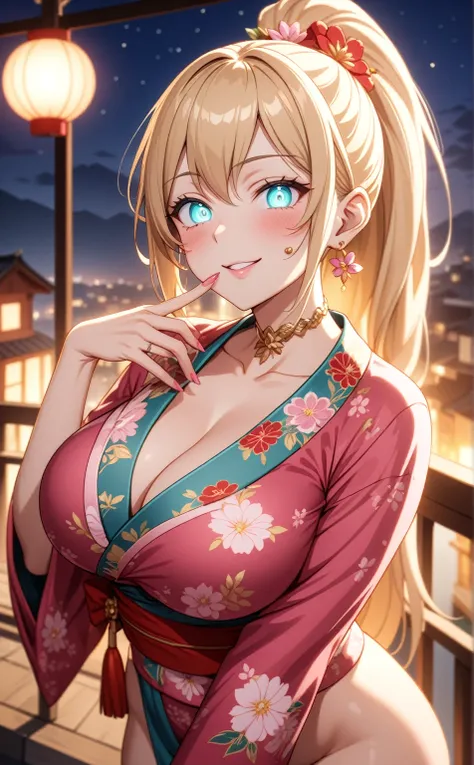 ((One personの女性)), Beautiful Face, face focus,Laughing embarrassedly,((Wink:1.5)), (tongue out),((Red cheeks:1.4)),Glossy pink lips,(finger to mouth),night,rooftop,Festive decorations,You can see the ocean, firework,((Anime style background)),masterpiece, ...