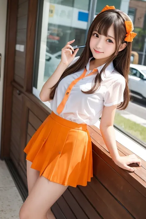 Cute Girls､Idol､high school girl､See-through､Orange Mini Skirt､sit